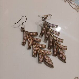 147- Vintage Gold Tone Vines with Pink Faux Pearls Dangle Earrings